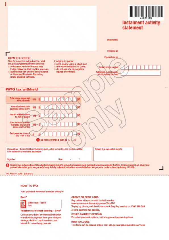 Instalment activity statement (Front)